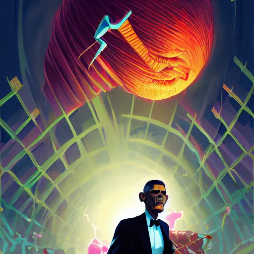 Prompt: evil obama destroying world, digital painting, artstation, ristan eaton, victo ngai, artgerm, rhads, ross draws, anime styled