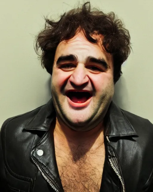 Prompt: headshot of a crazed smiling, mouth ode open, john belushi, he is wearing a leather bomber cap on his head, he is also wearing an a 2 flight jacket, a long white wool scarf is wrapped around his neck, he has a 5 o'clock shadow