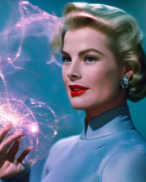 Image similar to Grace Kelly, Starring as Sue Storm in the new Fantastic Four Movie, Projects an iridescent giant force field bubble around her body, Color Movie Still Photograph, Hyper Real, Volumetric Smoke, Sparks, Atmospheric