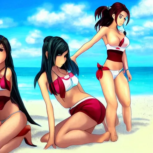 Image similar to beautiful aerith and tifa and jessie from final fantasy in a bikini on the beach making eye contact drawn by sakimichan