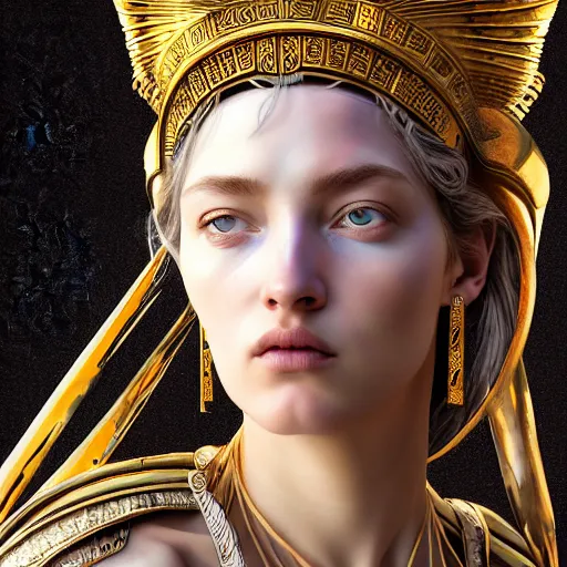 Image similar to hyperrealistic mixed media painting of beautiful goddess Athena, stunning 3d render inspired art by P. Craig Russell and Barry Windsor-Smith, perfect facial symmetry, dim volumetric lighting, 8k octane beautifully detailed render, post-processing, portrait, extremely hyper-detailed, intricate, epic composition, cinematic lighting, masterpiece, trending on artstation, very very detailed, masterpiece, stunning