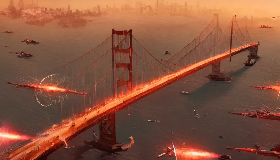 Image similar to Movie scene of fighter jets firing at damaged Golden Bridge with people and vehicles on it, hyperdetailed, artstation, cgsociety, 8k