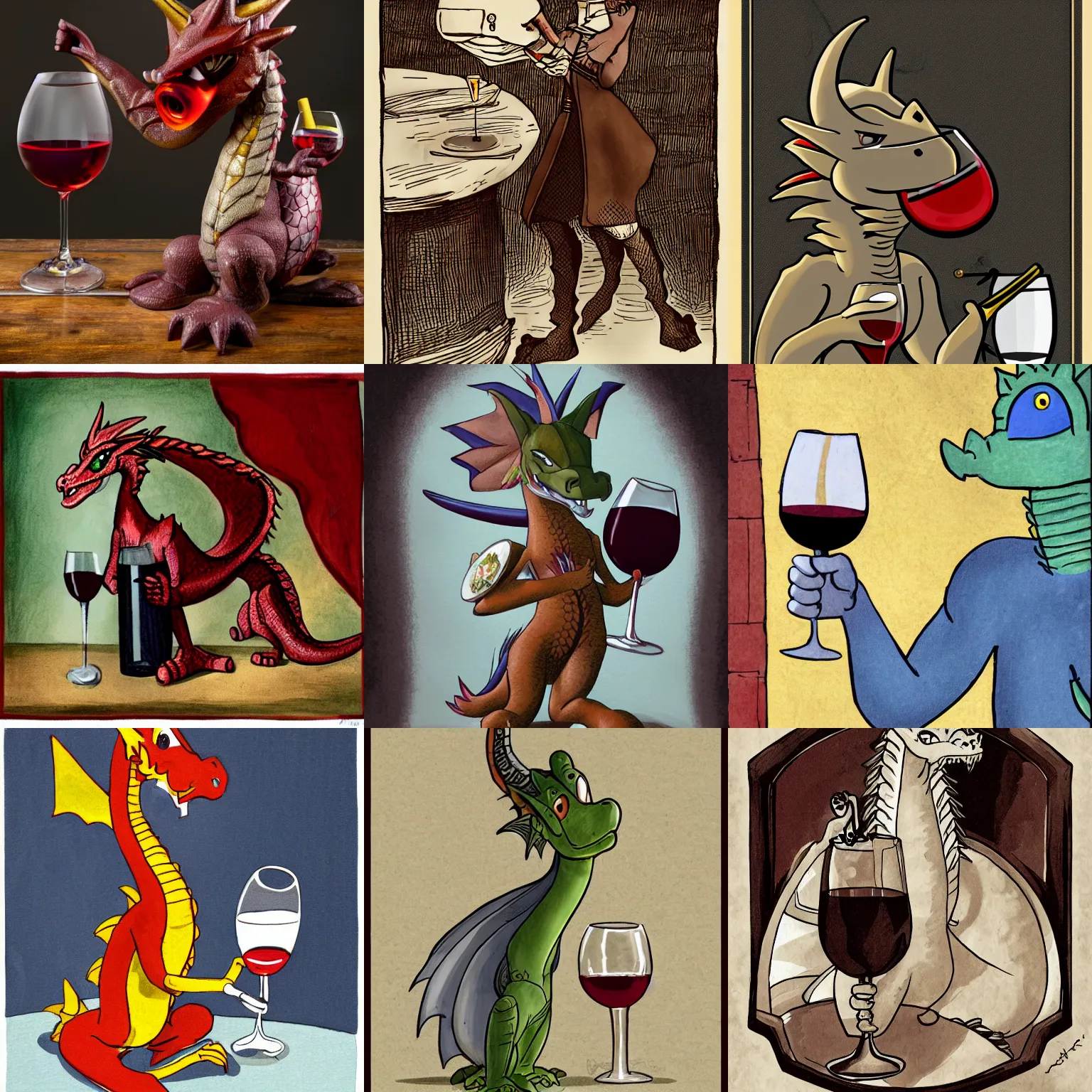Prompt: an anthro dragon holding a glass of wine