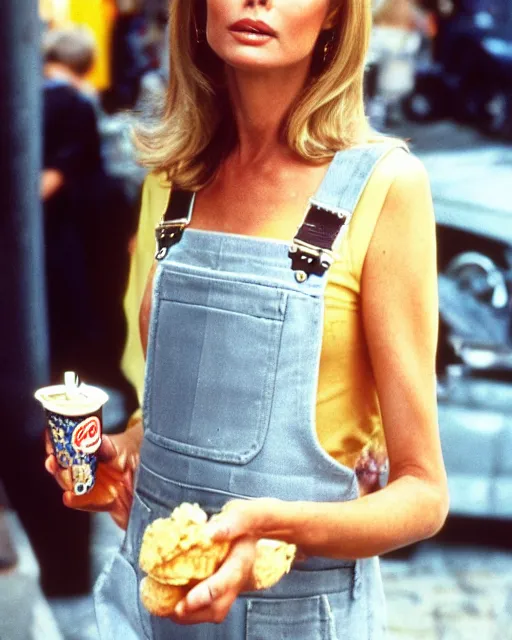 Image similar to portrait of a blonde barbara bach from the bond film wearing dungarees and eating ice creams in porto