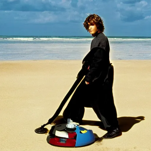 Prompt: Anakin Skywalker!!!, vacuuming on a beach