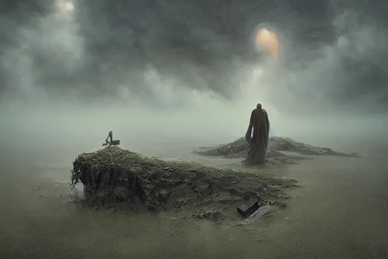 Prompt: Crushing Misery of Entropied Soul, Les Edwards, Zdzislaw Beksinski, Carl Gustav Carus, John Harris, Michal Karcz, Zhang Kechun, Mikko Lagerstedt, Scott Listfield, Steven Outram, Jessica Rossier