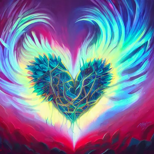 Image similar to a beautiful acrylic painting by andreas rocha and Anato Finnstark of a heart bursting out of a rib-cage and turning into rainbows and sunflowers, neon pastel color palette, soft feminine elegant