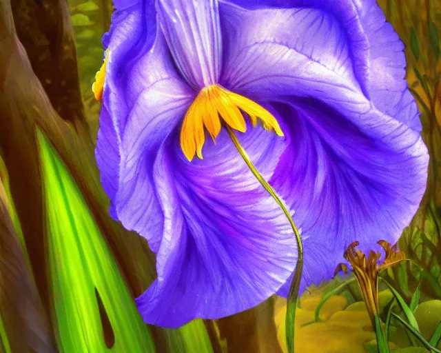 Prompt: detailed concept art of an iris flower in an magical forest by james gurney in the style of yoshitaka amano, depth of field, unreal engine, 8 k, sharpness, artstation, award - winning realistic sci - fi concept art, in the style of james gurney.