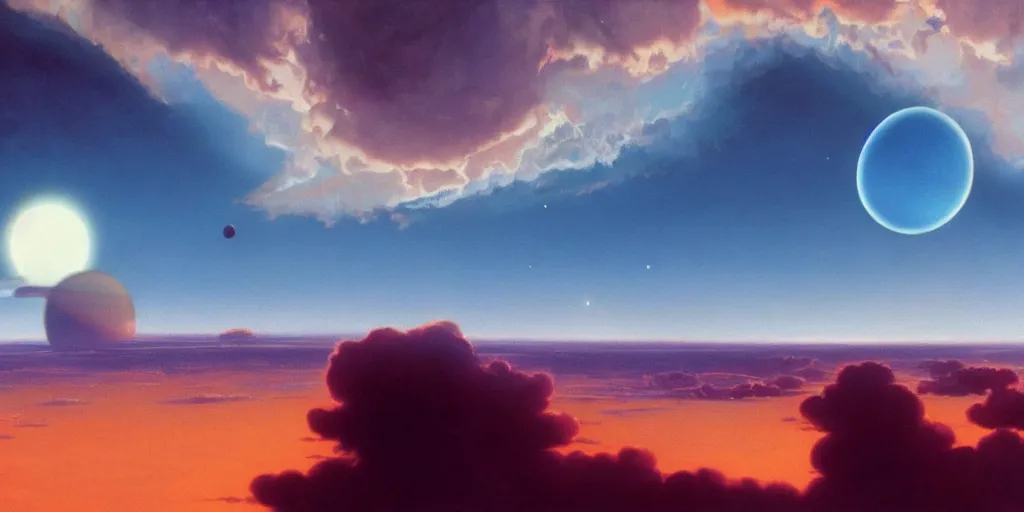 Image similar to blue dreamy cloudscape with a single planet in the clouds, daylight, cinematic lighting, cinematic perspective, syd mead, john harris, federico pelat,