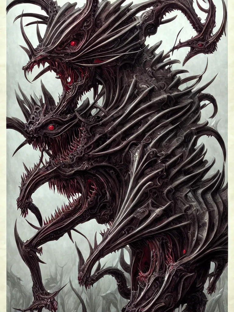 Prompt: exquisite imaginative creature beast from chinese mythology, nanotech demonic monster horror, frontal symmetry, sharp, ghost in the shell, slender and densely arranged teeth, rna bioweapon, poster art, movie art, elegant, illustrated by kentaro miura, game, movie concept art, by brom gerald