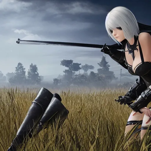 Image similar to a high resolution very detailed image of a 2 with a sword in russian tank boss fight from nier : automata in yellow rye field under pure blue skies