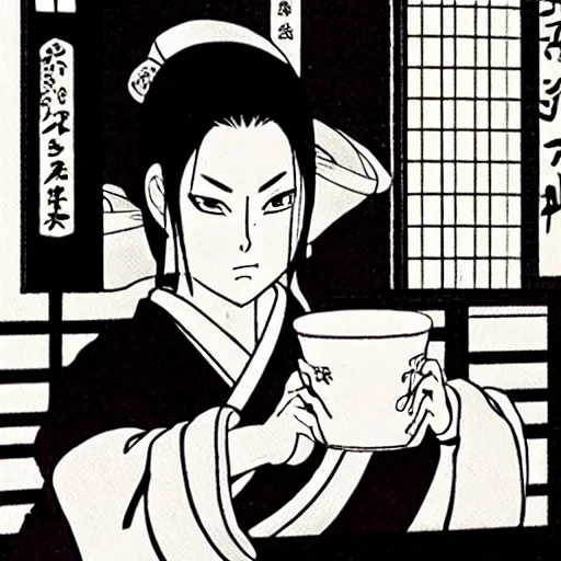 Prompt: Tsunade drinking sake in a japanese pub by Shoji Sato in the style of Black And White Manga