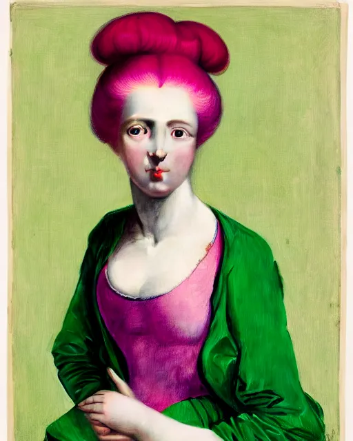 Image similar to photo-realistic portrait of a young pale woman with pink hair, wearing a neon green dress by Vivienne Westwood, intricate details, super-flat, in the style of James Jean, Jean Auguste Dominique Ingres, black background