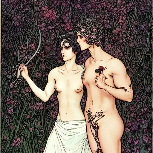 Prompt: stoic heroic emotionless blond butch tomboy woman, standing side by side with taller goth black - haired dark fae jennifer connelly, in love, romantic in romantic garden, mike mignogna, illustration, pen and ink, oil painting, highly detailed, mucha