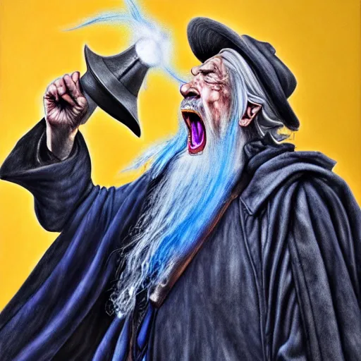Prompt: dieselpunk Gandalf screams as he gathers his last mana, portrait, colored pencils, hyper realistic, hyper detailed, by Yves klein