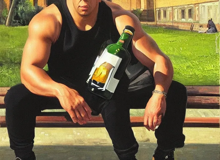 Image similar to vin diesel in black adidas sport costume, as gopnik character, sitting on a bench with a bottle of beer in the courtyard of a provincial russian town, oil on canvas, naturalism