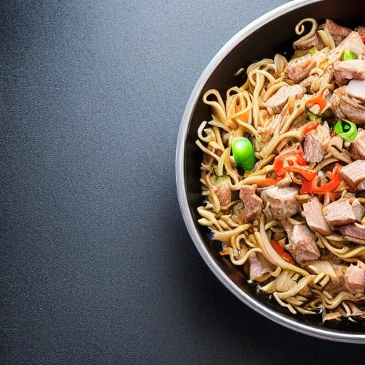 Prompt: a pot full of pork yakisoba inside a chinese restaurant, 4K photo, zoom, award winning, background blur