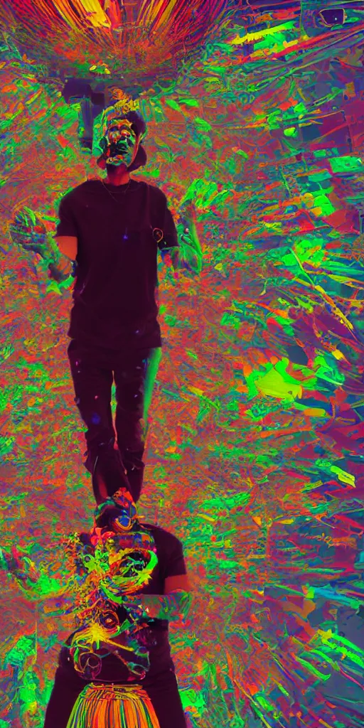 Image similar to man becomes controlled by a smartphone he gazes at while he played like a marionette, puppet, intricate complexity, horror, psychedelic glitch art, rainbow drip paint, trending on art station, photoreal, 8k, octane render