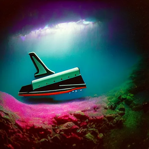 Image similar to dreamlike film photography of a 1980s wooden space shuttle at night underwater in front of colourful underwater clouds by Kim Keever. In the foreground floats a seasnake. low shutter speed, 35mm