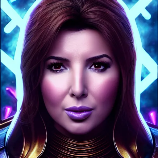 Image similar to a portrait of nancy ajram as thanos, hyper detailed, digital art, trending in artstation, cinematic lighting, studio quality, high quality render, unreal engine 5 rendered, octane rendered