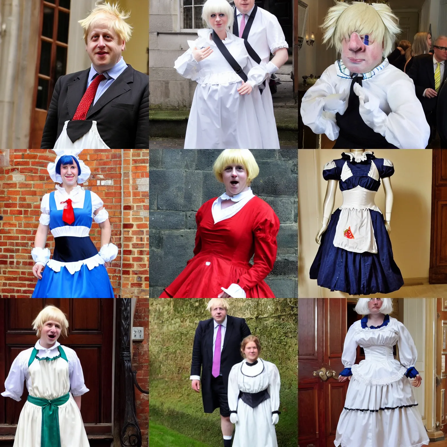 Prompt: a maid costume worn by surprised boris johnson