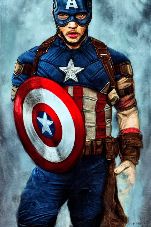 Image similar to a full body high detail fantasy portrait oil painting illustration of Tom Hardy as Captain America by Justin Sweet with face and body clearly visible, in a scenic background, pupils visible, realistic proportions, artstation trending, high quality, sombre mood, artstation trending, muted colours, no crop, entire person visible!, natural light, dusty, Adobe Photoshop, Adobe Lightroom, photolab, Affinity Photo,