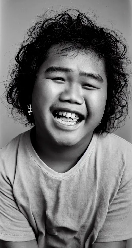 Image similar to close up photograph of a single fat filipino teenage boy smiling with crooked teeth, with a curly perm, and with small studded earings, 4 k, photorealistic, high detail by richard avedon