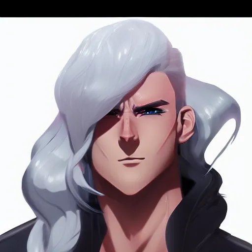 Prompt: buffed guy with long white hair and horn, red eye makeup, style of makoto shinkai and artgerm and loish, dynamic lighting trending on artstation