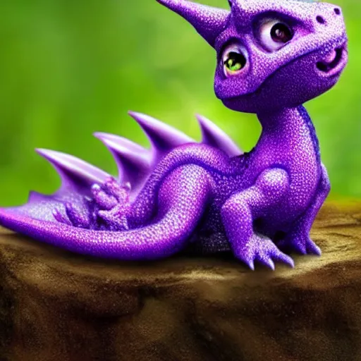 Prompt: adorable baby dragon, the dragon is purple and glittery, big eyes, cgi, ethereal fairytale, kawaii