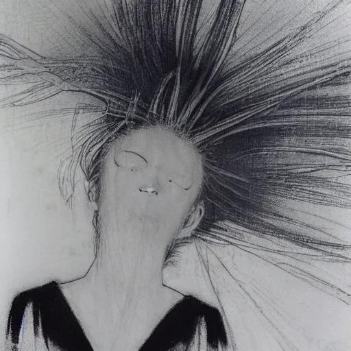 Prompt: Yoshitaka Amano dreamy and blurry portrait of an anime girl with white hair and cracks on her face wearing dress suit with tie fluttering in the wind, abstract black and white patterns on the background, head turned to the side, noisy film grain effect, highly detailed, Renaissance oil painting, weird camera angle