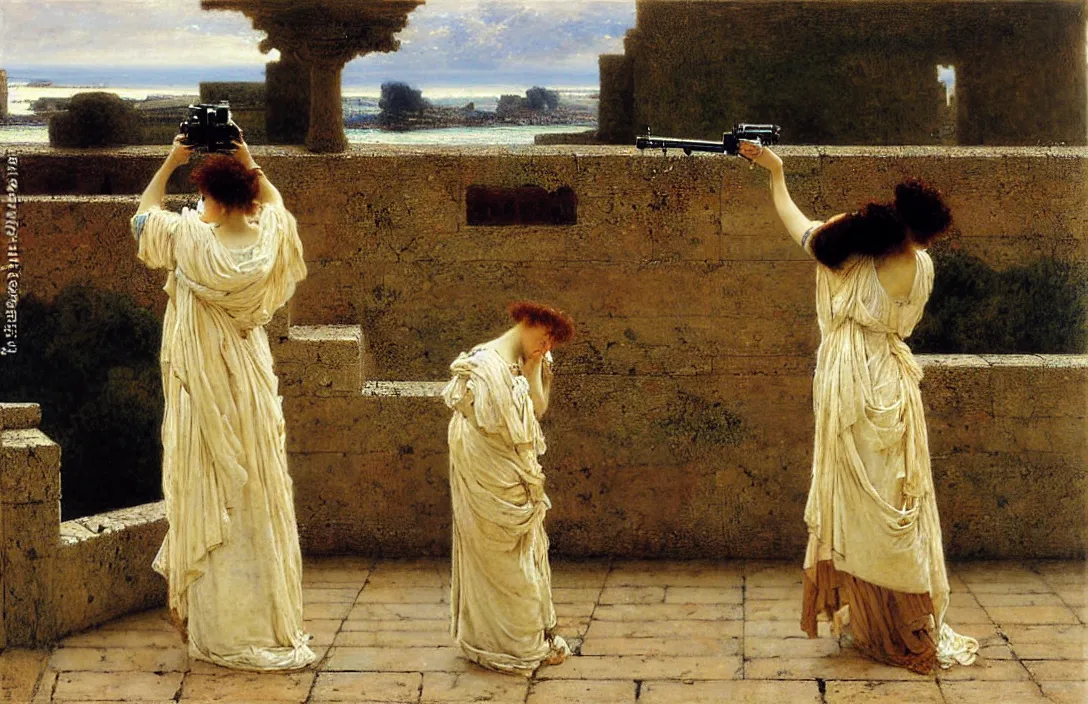 Prompt: combine two traditional themes the horizon dissolves in mists gun camera footage painting by claude gellee painting by sir lawrence alma - tadema