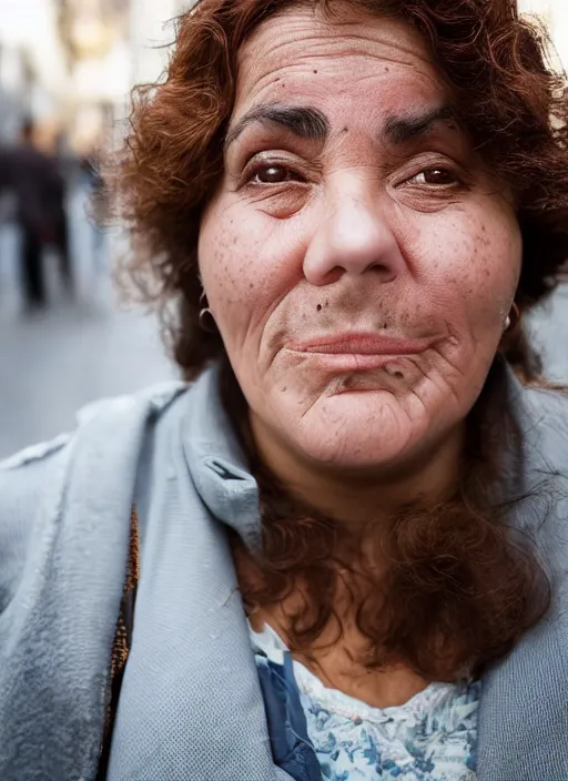 Image similar to Mid-shot portrait of an exquisite 50-year-old woman from Spain, chubby, with lovely look, happy, candid street portrait in the style of Martin Schoeller award winning, Sony a7R