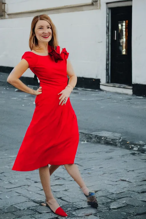 Prompt: blurry photo portrait of a smiling pretty woman in a red sleeveless dress, out of focus, street scene