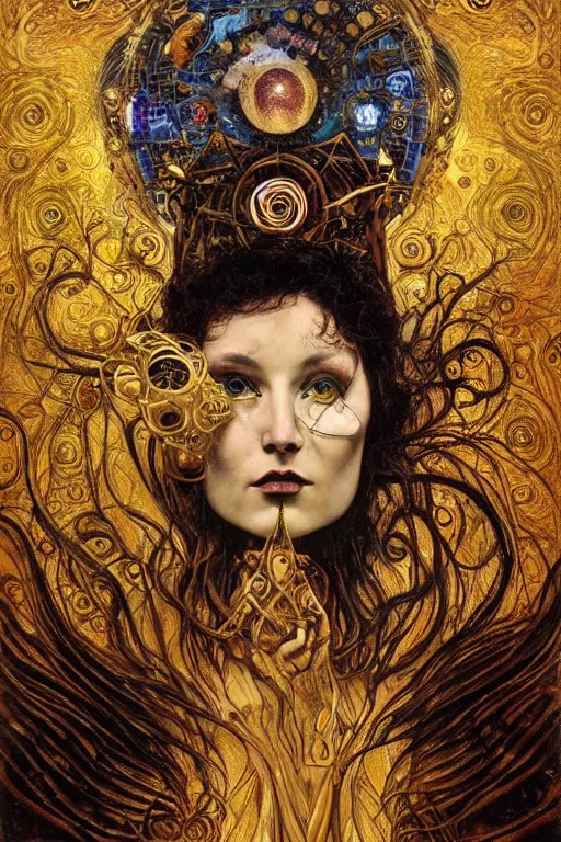 Image similar to Intermittent Chance of Chaos Muse by Karol Bak, Jean Deville, Gustav Klimt, and Vincent Van Gogh, trickster, enigma, Loki's Pet Project, Poe's Angel, Surreality, inspiration, imagination, muse, otherworldly, fractal structures, arcane, ornate gilded medieval icon, third eye, spirals