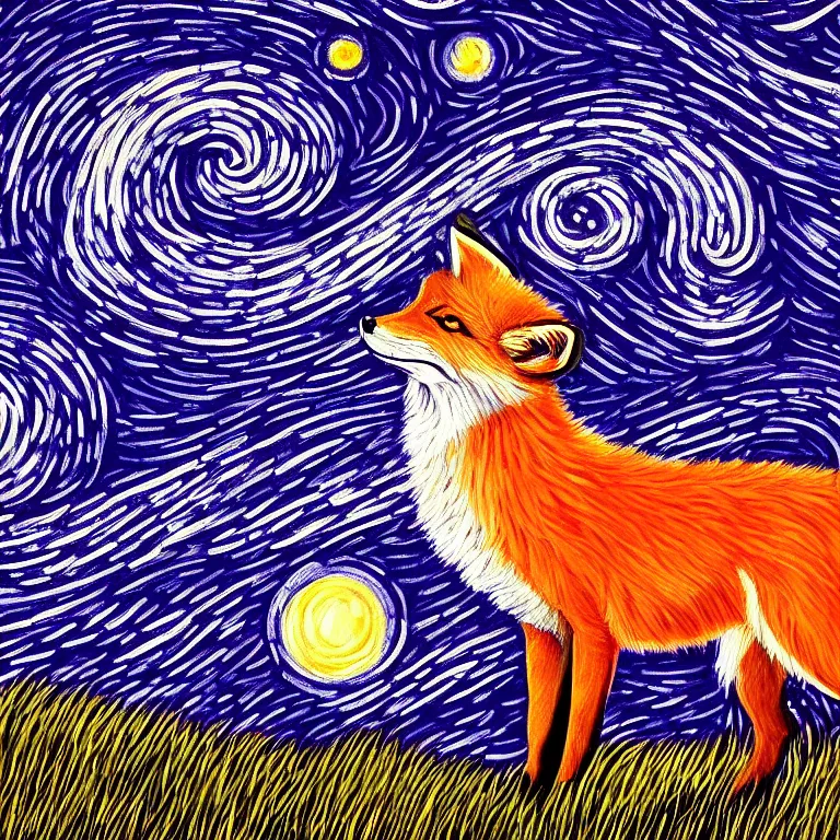 Prompt: a painting of a fox in the style of Starry Night, synthwave, highly detailed