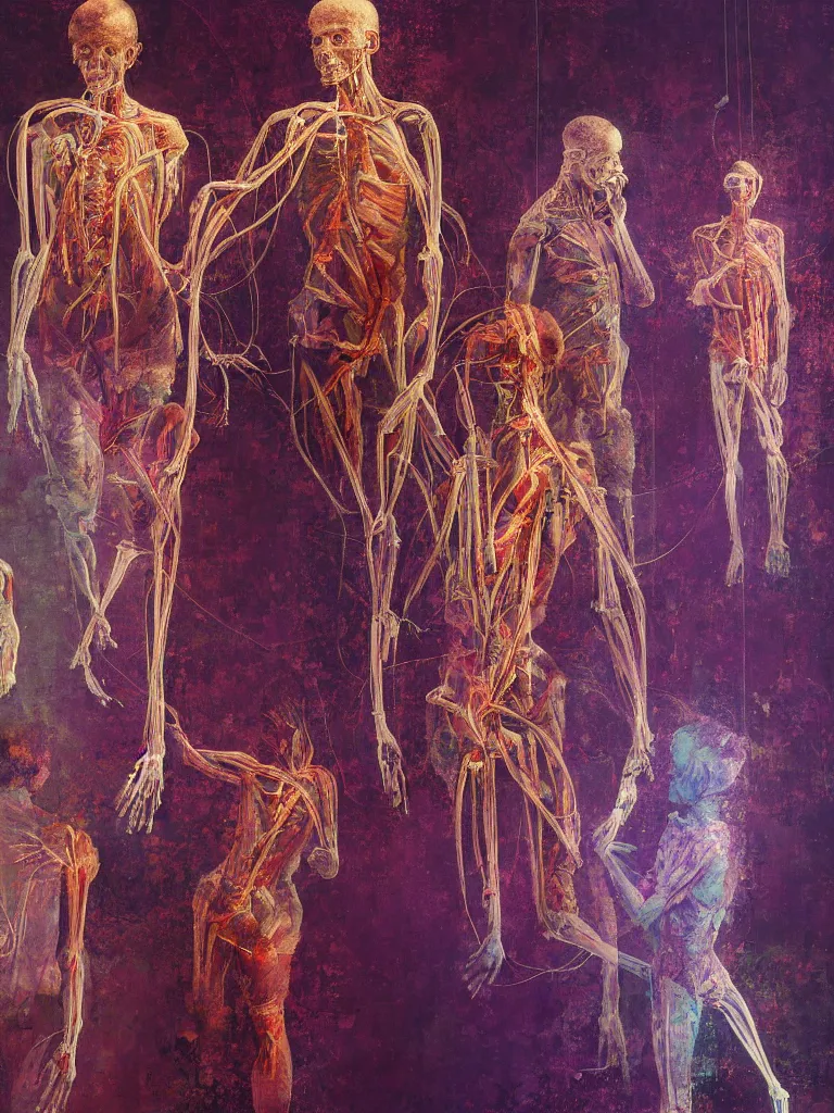 Image similar to a beautiful glitched painting by robert proch of people looking at an anatomy study of the human nervous system in a museum gallery, color bleeding, pixel sorting, copper oxide and rust materials, brushstrokes by jeremy mann, cold top lighting, textured palette knife pastel purple background