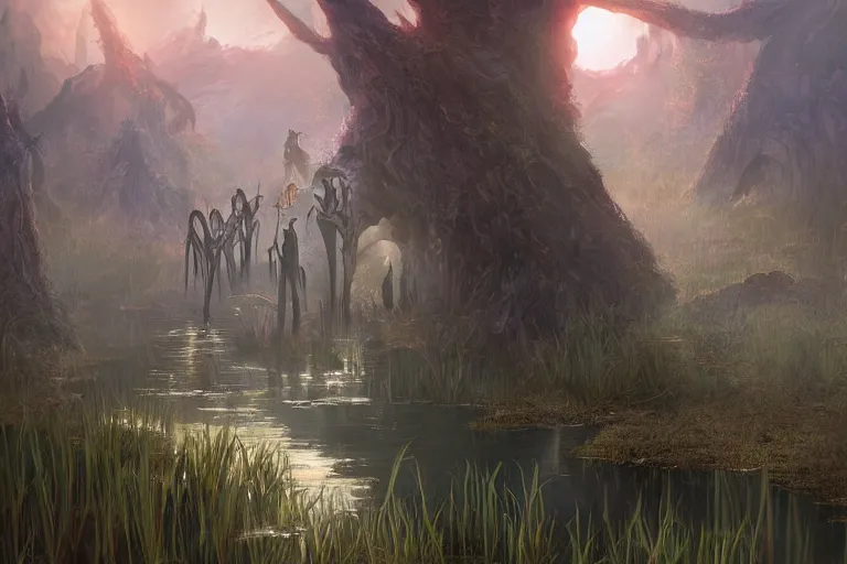 Prompt: fantasy painting, dungeons and dragons, a faerie village, swamp reeds wetland marsh sunset estuary, with ominous shadows, an egret by jessica rossier and brian froud cinematic painting