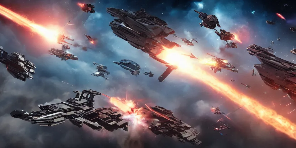 Image similar to an epic spaceship battle in low earth orbit between two waring factions, explosions. cinematic. stunning, gorgeous, intricate detail, much wow, masterpiece, 4 k.