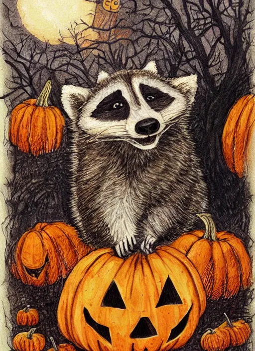 Image similar to halloween pumpkin in the shape of a raccoon by Rebecca Guay art, high quality, highly detailed,