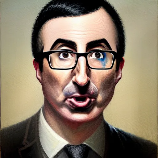 Prompt: Facial portrait. John Oliver, looking at the camera, disgusted. fear inspiring mood, intimidating. extremely detailed painting in pencil and blood on canvas. by Greg Rutkowski and by Henry Justice Ford and by Steve Henderson.