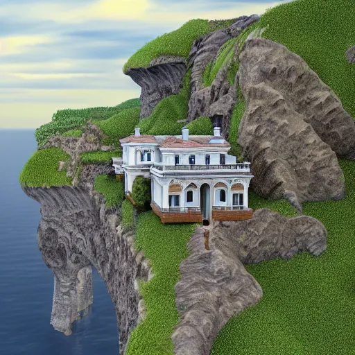 Image similar to Ultra Realistic Hyper detailed Fantasy view of a Mansion overlooking the cliffs edge where ocean waves are crashing.