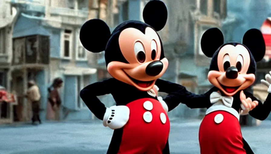 Prompt: a film still from a very dramatic live action film about the life of Mickey Mouse starring Tom hanks as Mickey Mouse