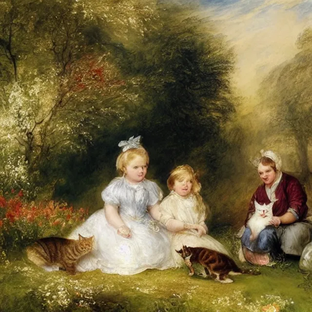 Prompt: beautiful, A girl and two cats sitting in a flower-filled yard by William Turner