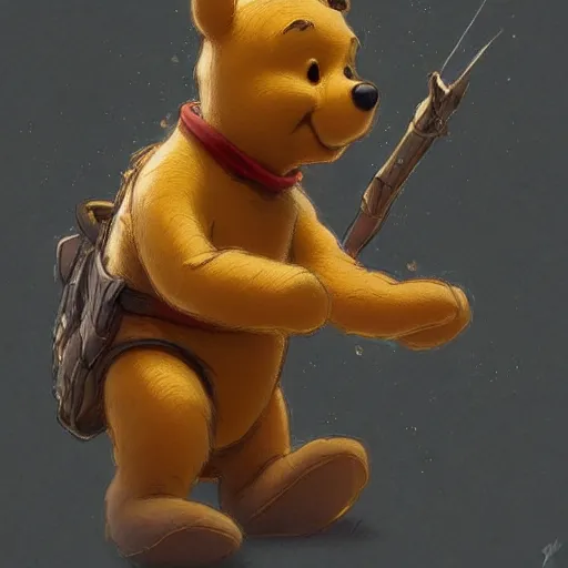 Prompt: Winnie the Pooh, battle-worn, highly detailed, digital painting, artstation, concept art, sharp focus, illustration, art by artgerm and greg rutkowski and alphonse mucha,