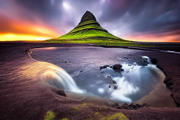 Image similar to amazing landscape photo of Kirkjufell by marc adamus, beautiful, dramatic lighting