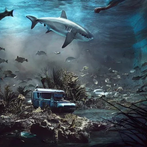 Image similar to An abandoned camp site under water, horror, sharks, hyper detailed, dramatic lighting, CGsociety, realistic, hyper detailed, insane details, intricate, dramatic lighting, hypermaximalist, golden ratio, rule of thirds, octane render, weta digital, micro details, ultra wide angle, Artstation trending, 8k,