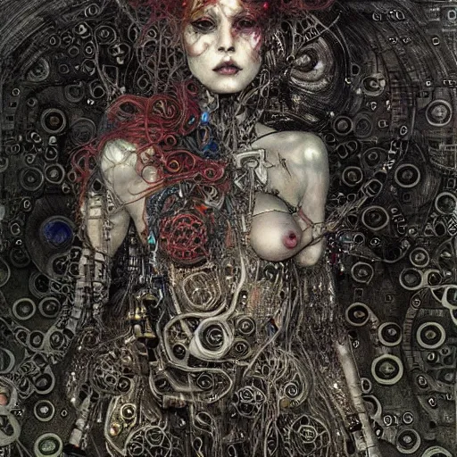 Prompt: many depraved cybernetic demon lovers trapped in circuitry, intricate detail, klimt, royo, whealan,