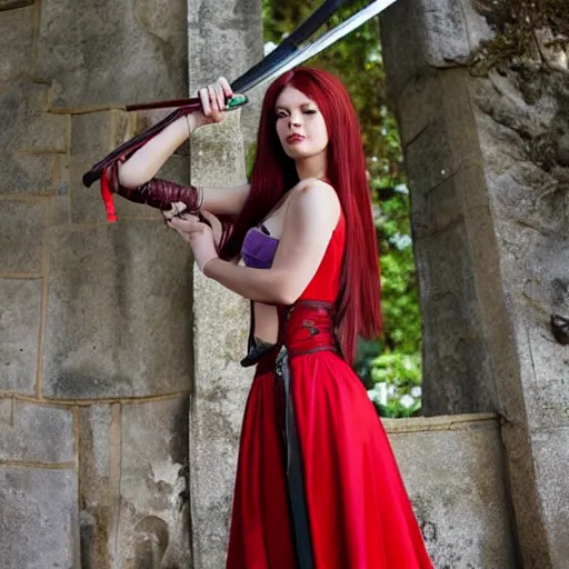 Image similar to dslr photo of beautiful erza scarlet wearing a elegant dress, standing holding a katana that is very detailed, portrait photo, real photo, real camera, extreme detailed face and body, high quality, moody lighting, fast paced lines, sharp quality, artgem, enchanting lighting, 8 k, art by alphonse mucha and greg rutkowski