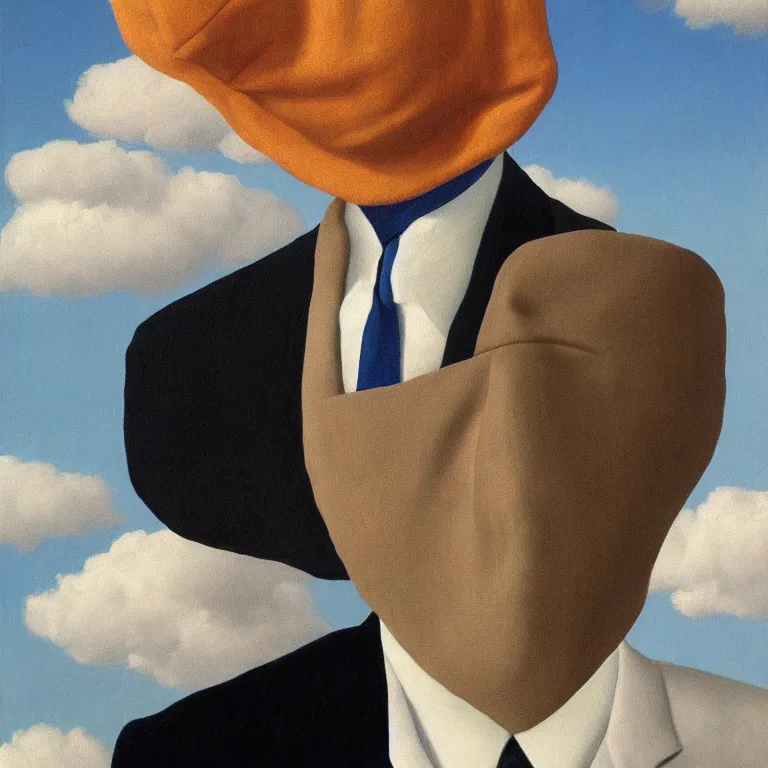 Image similar to portrait of a faceless cloth mask - head man in a suit, clouds in the background, by rene magritte, detailed painting, distance, centered, hd, hq, high resolution, high detail, 4 k, 8 k