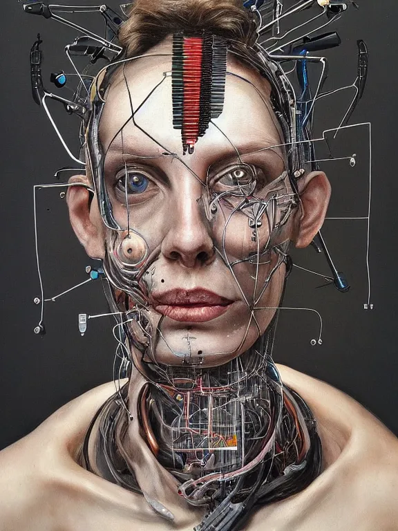 Image similar to cybernetic implants on face, metal jaw, usb port on forehead, portrait by jenny saville